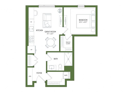 Floor plan for 1 bed, 1 bath, 617 sqft